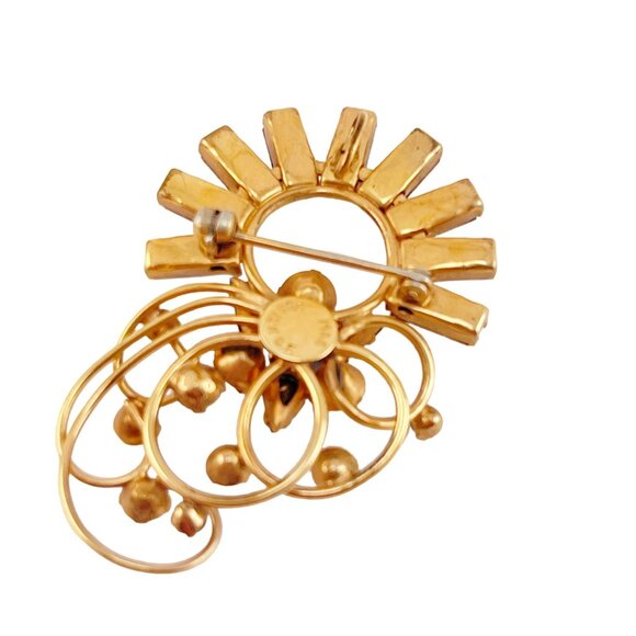 M & S Vintage 12K Gold Filled Blue Rhinestone Ornate Floral Blue Brooch - Picture 6 of 9